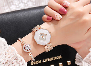 2PC Set Famous  Luxury Watch Women Fashion Rose Bracelet Watch Set Dress Jewelry