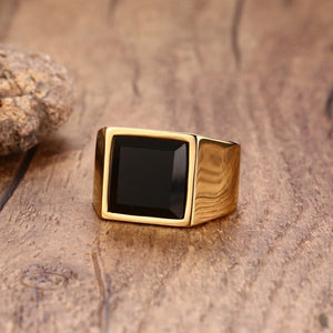 Men's Square Black Stone Signet Rings Gold