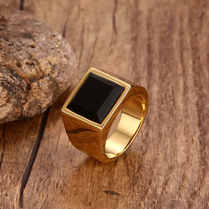 Men's Square Black Stone Signet Rings Gold