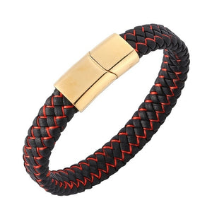 Fashion Braided Black Blue Leather Bracelet Men Stainless Steel Magnetic Clasp Charm Bangles