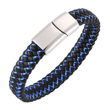 Load image into Gallery viewer, Fashion Braided Black Blue Leather Bracelet Men Stainless Steel Magnetic Clasp Charm Bangles
