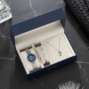 Women Watch Set Diamond Bracelet Cute Dolphin Necklace Blue Cut Glass