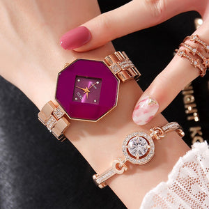 2PC Set Famous  Luxury Watch Women Fashion Rose Bracelet Watch Set Dress Jewelry