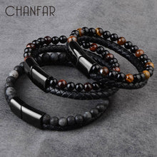 Load image into Gallery viewer, Fashion Men Jewelry Natural Stone Genuine Leather Bracelet Black Stainless Steel
