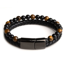 Load image into Gallery viewer, Fashion Men Jewelry Natural Stone Genuine Leather Bracelet Black Stainless Steel