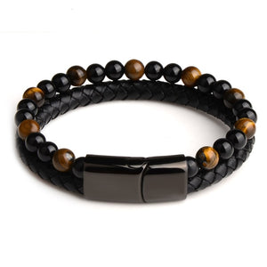Fashion Men Jewelry Natural Stone Genuine Leather Bracelet Black Stainless Steel