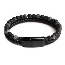 Load image into Gallery viewer, Fashion Men Jewelry Natural Stone Genuine Leather Bracelet Black Stainless Steel
