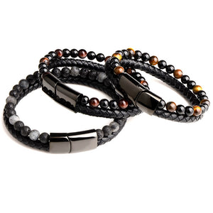 Fashion Men Jewelry Natural Stone Genuine Leather Bracelet Black Stainless Steel