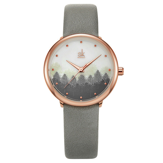 Watch Rosegold Small watch Grey Leather Strap Mountain Forest