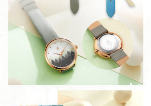 Watch Rosegold Small watch Grey Leather Strap Mountain Forest