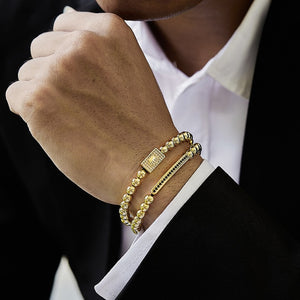 2 Pcs /set Crown Charm Long Tube Men Bracelet Pave CZ Braided Macrame Gold Color
