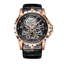 Load image into Gallery viewer, Mens Military Watches Automatic Watches Waterproof Rose Gold Skeleton Watch Brown Leather Strap Montre Homme OBL3606