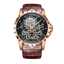 Load image into Gallery viewer, Mens Military Watches Automatic Watches Waterproof Rose Gold Skeleton Watch Brown Leather Strap Montre Homme OBL3606
