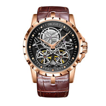 Load image into Gallery viewer, Mens Military Watches Automatic Watches Waterproof Rose Gold Skeleton Watch Brown Leather Strap Montre Homme OBL3606