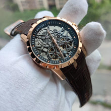 Load image into Gallery viewer, Mens Military Watches Automatic Watches Waterproof Rose Gold Skeleton Watch Brown Leather Strap Montre Homme OBL3606
