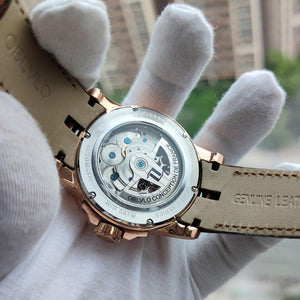 Mens Military Watches Automatic Watches Waterproof Rose Gold Skeleton Watch Brown Leather Strap Montre Homme OBL3606