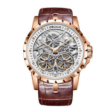 Load image into Gallery viewer, Mens Military Watches Automatic Watches Waterproof Rose Gold Skeleton Watch Brown Leather Strap Montre Homme OBL3606