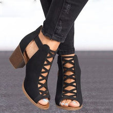 Load image into Gallery viewer, 2021 Women Square Heel Sandals Peep Toe Hollow Out Chunky Gladiator Sandals with Strap Black Spring Summer Shoes
