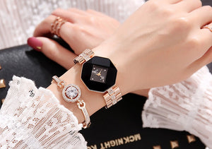 2PC Set Famous  Luxury Watch Women Fashion Rose Bracelet Watch Set Dress Jewelry