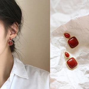 Metal Classic Trendy Red square stud earrings for women