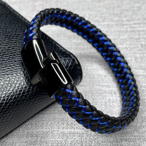 Fashion Braided Black Blue Leather Bracelet Men Stainless Steel Magnetic Clasp Charm Bangles