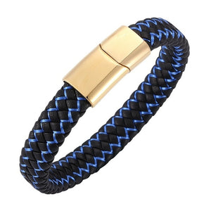 Fashion Braided Black Blue Leather Bracelet Men Stainless Steel Magnetic Clasp Charm Bangles