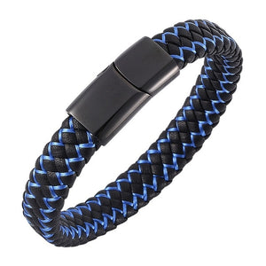 Fashion Braided Black Blue Leather Bracelet Men Stainless Steel Magnetic Clasp Charm Bangles