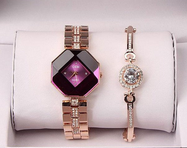 2PC Set Famous  Luxury Watch Women Fashion Rose Bracelet Watch Set Dress Jewelry