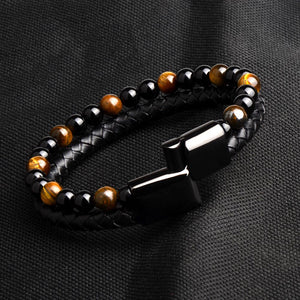 Fashion Men Jewelry Natural Stone Genuine Leather Bracelet Black Stainless Steel