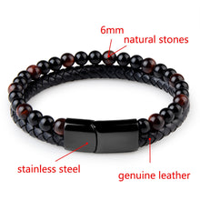 Load image into Gallery viewer, Fashion Men Jewelry Natural Stone Genuine Leather Bracelet Black Stainless Steel
