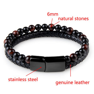 Fashion Men Jewelry Natural Stone Genuine Leather Bracelet Black Stainless Steel