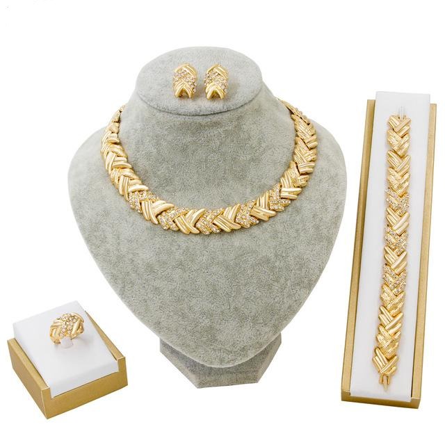 Gold Jewelry Sets Crystal Necklace Bracelet Nigerian Wedding Party Women Fashion Jewelry Set