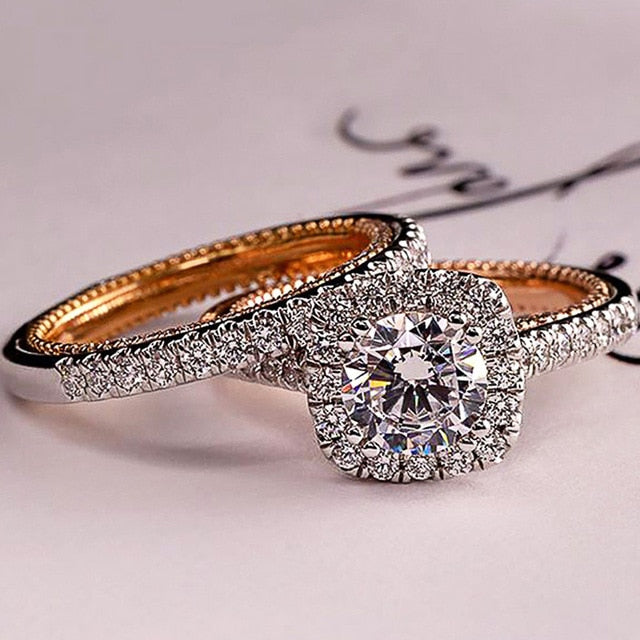 Rings for Women 2Pcs/Set Shiny Cubic Zircon Novel Design Two Tone Elegant