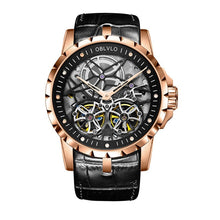 Load image into Gallery viewer, Mens Military Watches Automatic Watches Waterproof Rose Gold Skeleton Watch Brown Leather Strap Montre Homme OBL3606
