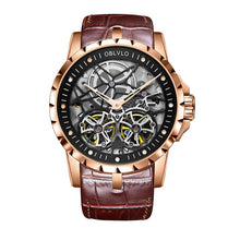 Load image into Gallery viewer, Mens Military Watches Automatic Watches Waterproof Rose Gold Skeleton Watch Brown Leather Strap Montre Homme OBL3606
