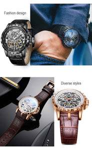 Mens Military Watches Automatic Watches Waterproof Rose Gold Skeleton Watch Brown Leather Strap Montre Homme OBL3606