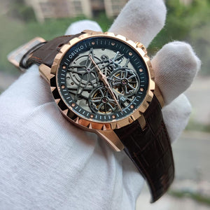 Mens Military Watches Automatic Watches Waterproof Rose Gold Skeleton Watch Brown Leather Strap Montre Homme OBL3606