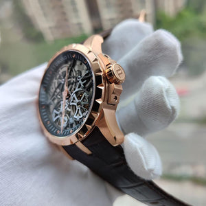 Mens Military Watches Automatic Watches Waterproof Rose Gold Skeleton Watch Brown Leather Strap Montre Homme OBL3606