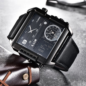 Men Watches Big Size Square Dial Leather Sport Men's Wristwatches Luxury